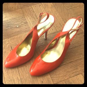 Enzo Angiolini orange patent leather sling backs